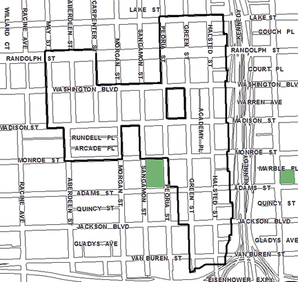 Near West TIF district map, roughly bounded on the north by Lake Street, Van Buren Street on the south, the Kennedy Expressway on the east, and May Street on the west.